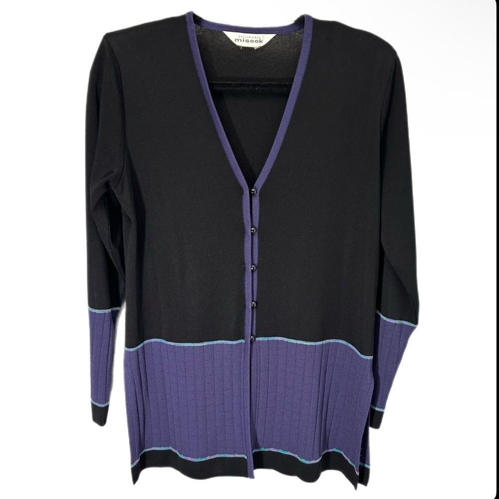 Misook Women’s Cardigan Sweater Purple Black Button Long Sleeve V Neck Large